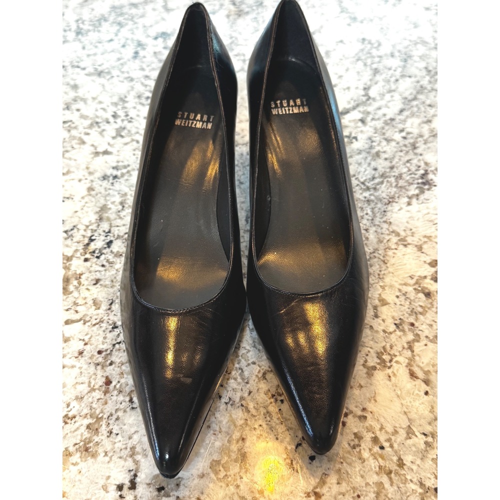 Stuart Weitzman Black Leather Pointed Toe Kitten Heel Pumps Spain Size 9 N